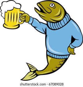 vector illustration of a cartoon Trout fish wearing sweater holding a beer mug isolated on white