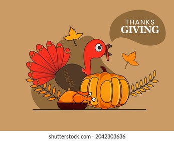 Vector Illustration Of Cartoon Turkey Bird With Pumpkin, Roast Chicken And Autumn Leaves On Brown Background For Thanksgiving Day.