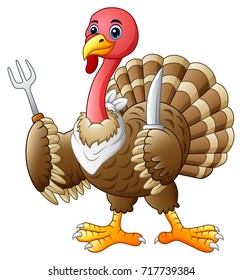 Vector illustration of Cartoon turkey bird holding a knife and fork