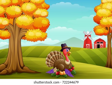 Vector illustration of Cartoon turkey in farm background