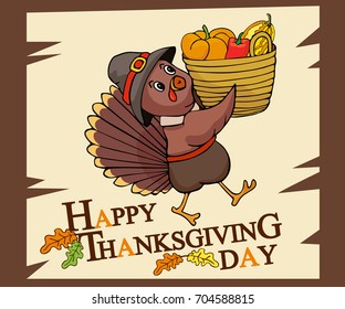 Vector illustration with cartoon turkey. Greeting card - happy thanksgiving day. Can be used for baby fashion print design on clothes, poster, invitation card.