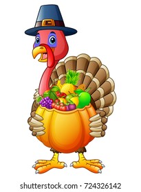 Vector illustration of Cartoon turkey holding pumpkin basket full of fruits and vegetables