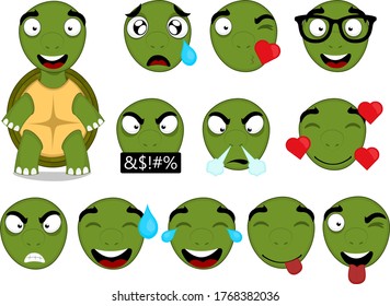 Vector illustration of a cartoon turtle with various head and expressions