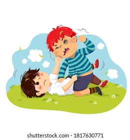 Vector illustration cartoon of two boys fighting on the green grass.