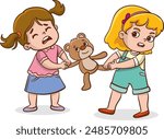 Vector illustration cartoon of two little girls fighting over a teddy bear. The conflict between children.