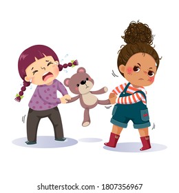 Vector illustration cartoon of two little girls fighting over a teddy bear. The conflict between children.