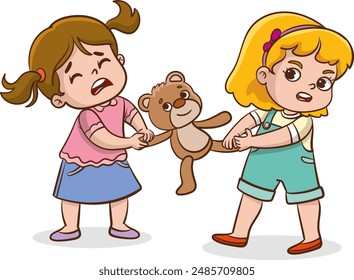 Vector illustration cartoon of two little girls fighting over a teddy bear. The conflict between children.