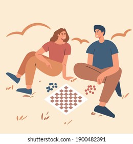 Vector illustration cartoon of two young boy and girl playing chess each other. Sit down on the ground . Flat vector Illustration.
