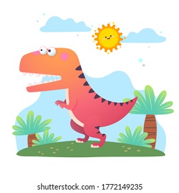 Vector illustration of cartoon Tyrannosaurus Rex dinosaur on white background.