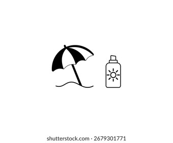 Vector illustration of cartoon umbrella and sunscreen bottle	
