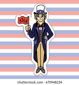 Vector illustration of cartoon Uncle Sam. 4th July. Flat design. Vector sticker.