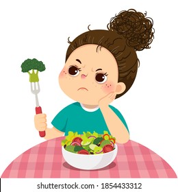 Vector illustration cartoon of an unhappy girl does not want to eat fresh vegetable salad.