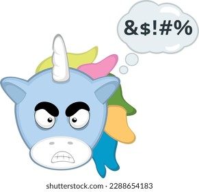 vector illustration cartoon unicorn face, an angry expression and a thought bubble with an insult text