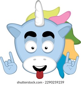 vector illustration cartoon unicorn face making the classic heavy metal gesture with hands and tongue out