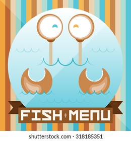 Vector illustration. Cartoon unusual fish menu with a cheerful crab. Colorful, creative and modern illustration for advertising, poster, banner, web and flyer.