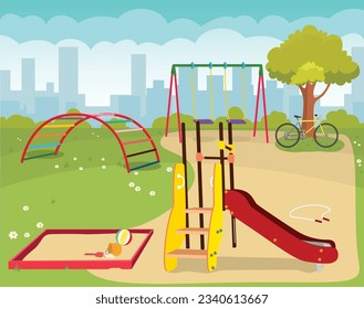 Ilustración vectorial del parque urbano de caricaturas para niños. Zona de juegos para juegos y actividad