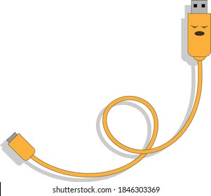 Vektorgrafik von Cartoon-USB-Kabel mit Heckseite im gelben kawaii-Stil verdreht in einer Schleife mit Schatten auf weißem Hintergrund