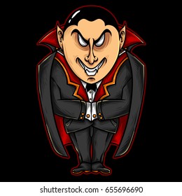 Vector illustration of cartoon vampire monster character design with red/black halloween costume and evil looking.