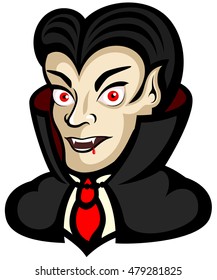 Vector illustration of a cartoon vampire, from the shoulders up.