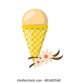 Vector illustration with cartoon vanilla ice cream ball in cone. Cartoon ice cream flavour. Summer sweet dessert. Vector cartoon icon. Sweet ball.