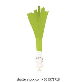 Vector illustration of cartoon vegetable. Funny character face isolated on white background. Hand drawn cute leek.