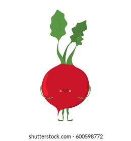 Vector illustration of cartoon vegetable. Funny character face isolated on white background. Hand drawn cute red radish.