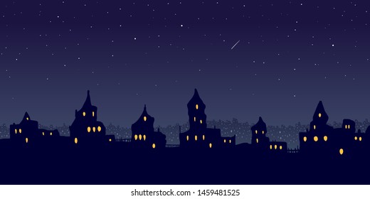 Vector illustration. Cartoon vintage town at night.