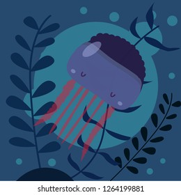 Vector illustration of cartoon violet jellyfish isolated on dark background with sea plants and aquatic marine algae. Sea animal character used for magazine, poster, card, children invitation.