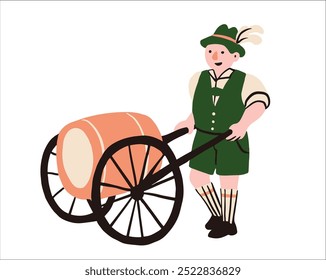 Vector illustration with a cartoon waiter in a Bavarian costume, who carries a barrel of beer on a cart.