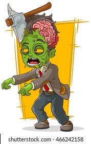 A vector illustration of cartoon walking green zombie with axe