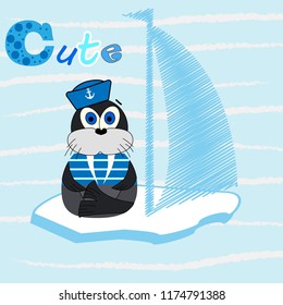 Vector illustration of a cartoon walrus dressed as a sailor. Illustration of a ice ship. Vector textile fabric print. Greeting card design