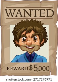 Ilustración vectorial de un cartel de dibujos animados con hombre barbudo, texto en negrita y cantidad de recompensa