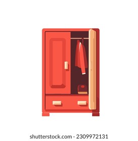 Vector illustration of cartoon wardrobe with clothes hanging on hangers