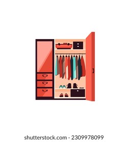 Ilustración vectorial del armario de dibujos animados con ropa colgada en los perchas