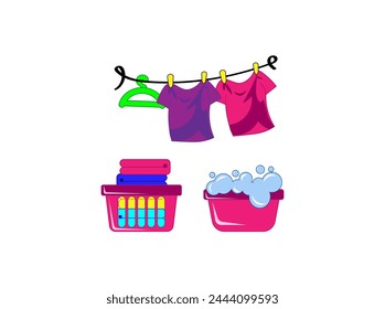 Vector illustration of cartoon washing and hanging laundry