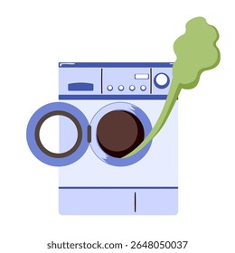 Vector illustration cartoon of a washing machine with open door emitting green odor cloud, symbolizing dirty laundry