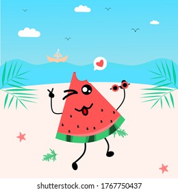 Vector illustration of cartoon watermelon character in tropical beach. Poster beach design with watermelon character. Summer poster design.