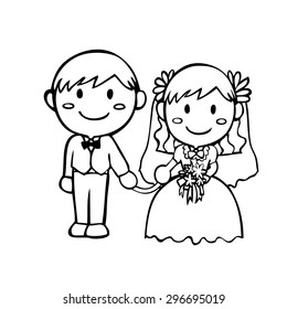 Vector Illustration of Cartoon Wedding couple with floral bouquet