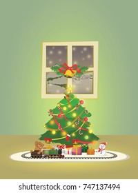 Vector Illustration Cartoon: Welcome Merry Christmas and Happy new year. Christmas tree at decor have lights shining glitter and many gifts. With toy steam locomotive at truck teddy bear runs around. 
