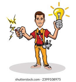 Vector illustration of Cartoon Welders Holding an Lightbulb.