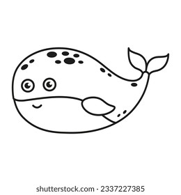 vector illustration of cartoon whale in contour isolated on white, sea animal character  in flat style