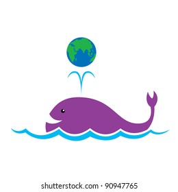 Vector illustration of cartoon whale is playing with earth