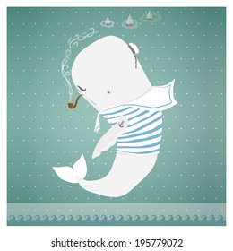 Vector illustration of a cartoon whale in a sailor's shirt with a tattoo and a pipe