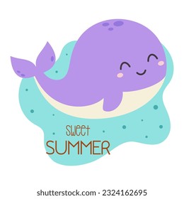 vector illustration with cartoon whale smiling, summer card of ocean mammal, sea animal in flat style, funny underwater wild life