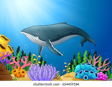 Dibujo vectorial de la natación de ballenas de dibujos animados en el mar