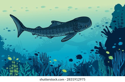 Vector illustration with cartoon while shark, silhouette of coral reef and fish. Underwater seascape with marine life. Blue ocean image.