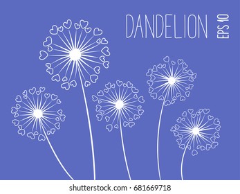 Vector illustration with cartoon white dandelions on blue color background. Taraxacum plant with heart shaped feather. Summer floral graphic design ornament.
