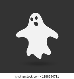 Vector illustration of cartoon white ghost on black background. Halloween night party holiday phantom costume.