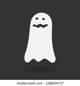 Vector illustration of cartoon white ghost on black background. Halloween night party holiday phantom costume.