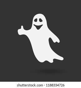 Vector illustration of cartoon white ghost with smile on black background. Halloween night party holiday phantom costume.